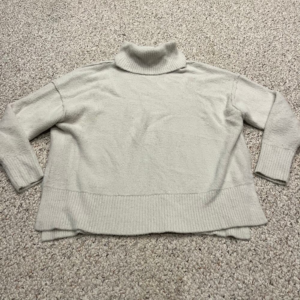 Aerie Split Hem Turtleneck Sweater Beige XS Oversized Cozy Casual Nylon Viscose